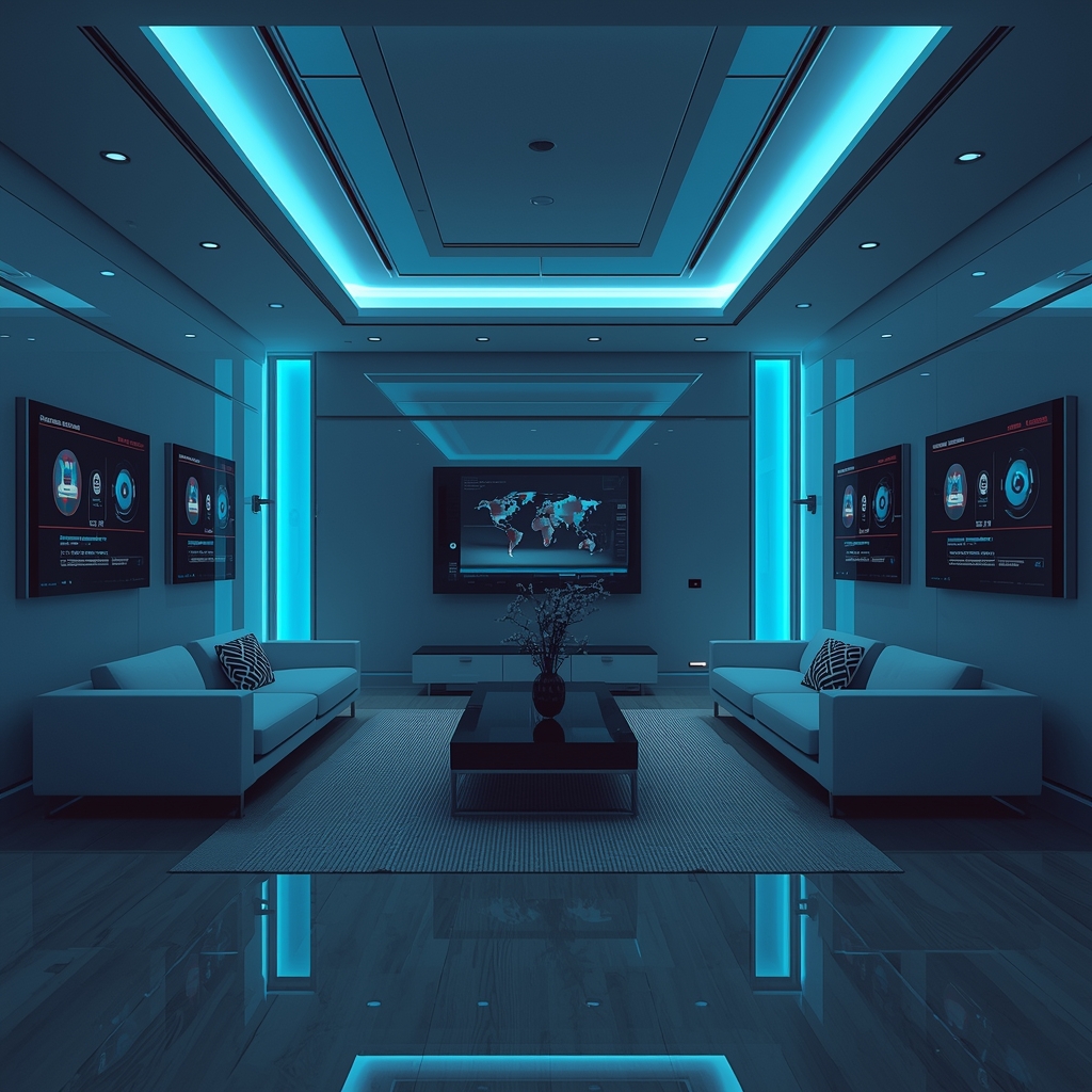 A futuristic smart home interior at night with glowing blue ambient lighting, automated blinds, digital control panels on walls, sleek minimalist furniture, 8k photorealistic, no women